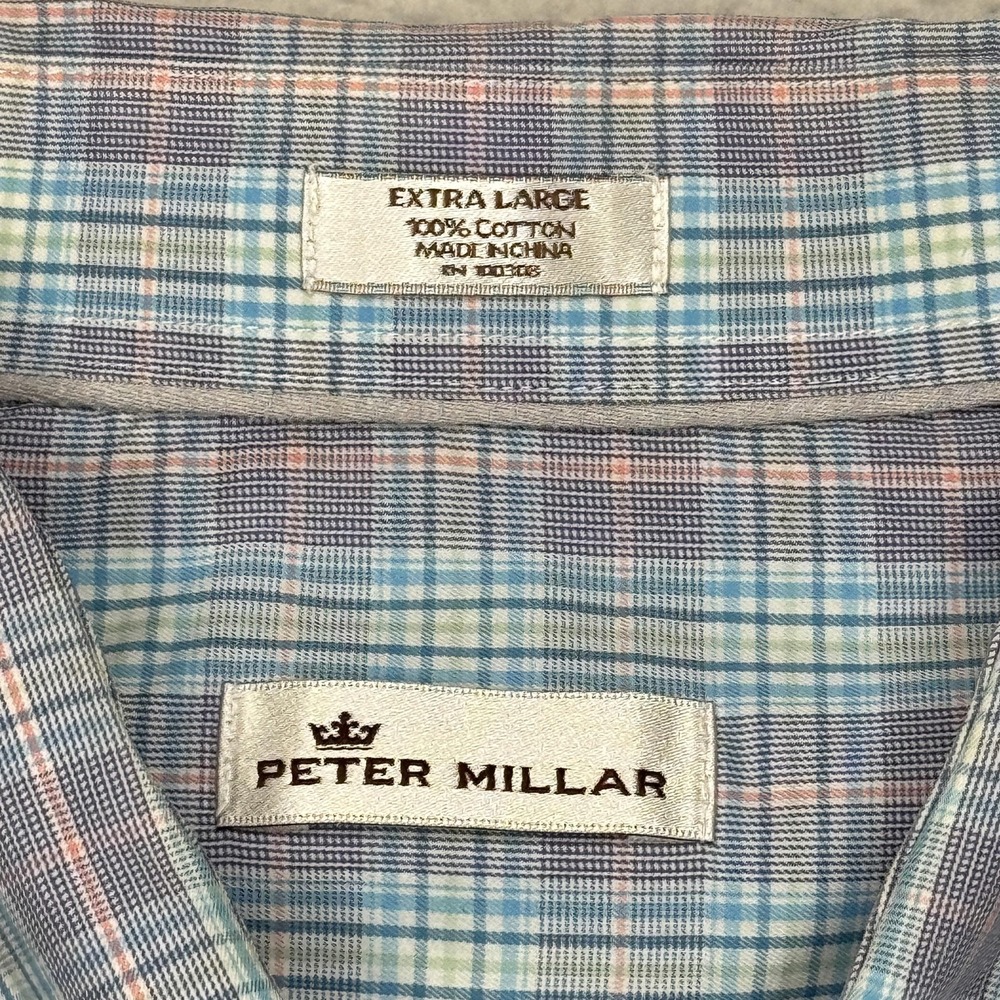 Peter Millar Button Down Shirt Mens XL Blue Gray Plaid Long Sleeve Cotton Golf